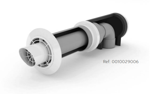 Sistema de ventilación avanzado y kit exclusivo Uno de los elementos diferenciales de este modelo es su kit de ventilación concéntrico exclusivo, una solución innovadora que simplifica la instalación y mejora tanto la eficiencia como la estética del conjunto. Este sistema permite realizar la toma y expulsión del aire mediante un único accesorio altamente flexible, reduciendo la complejidad de la instalación.